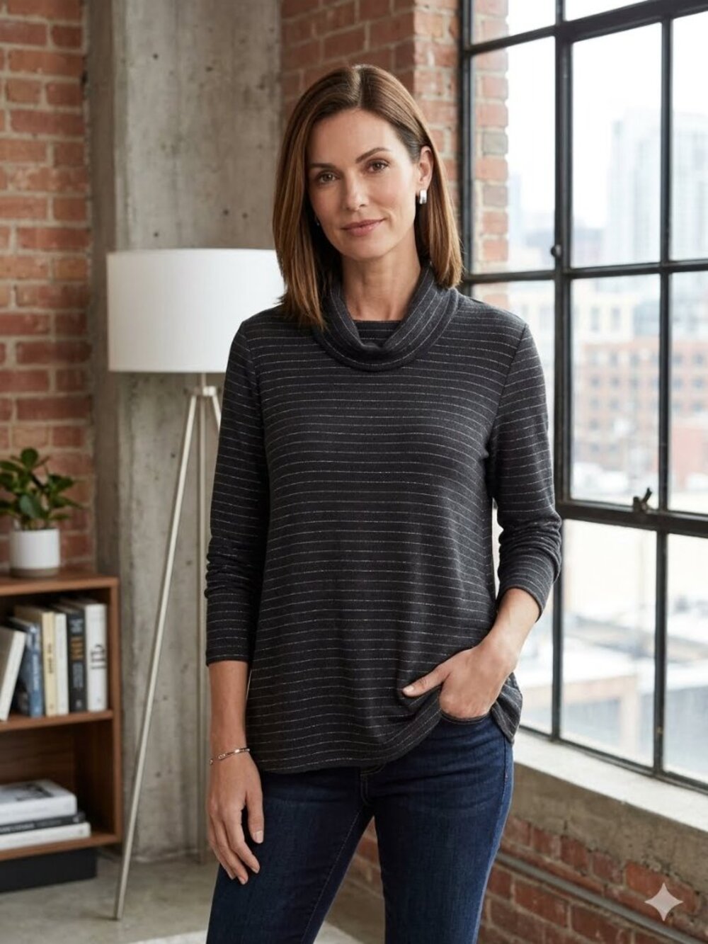 J Jill Wearever  PL Black Silver Metallic Striped Ottoman Cowl Neck  Stretch Top